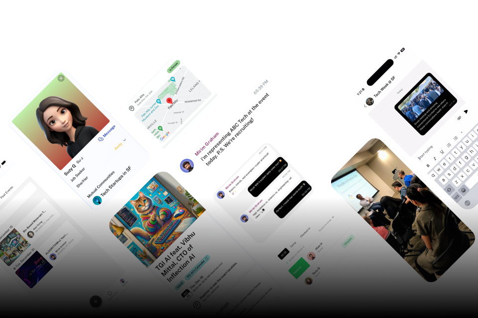 Various mobile app screens showcasing Key.ai's features, including user profiles, maps, messaging, and event feeds.